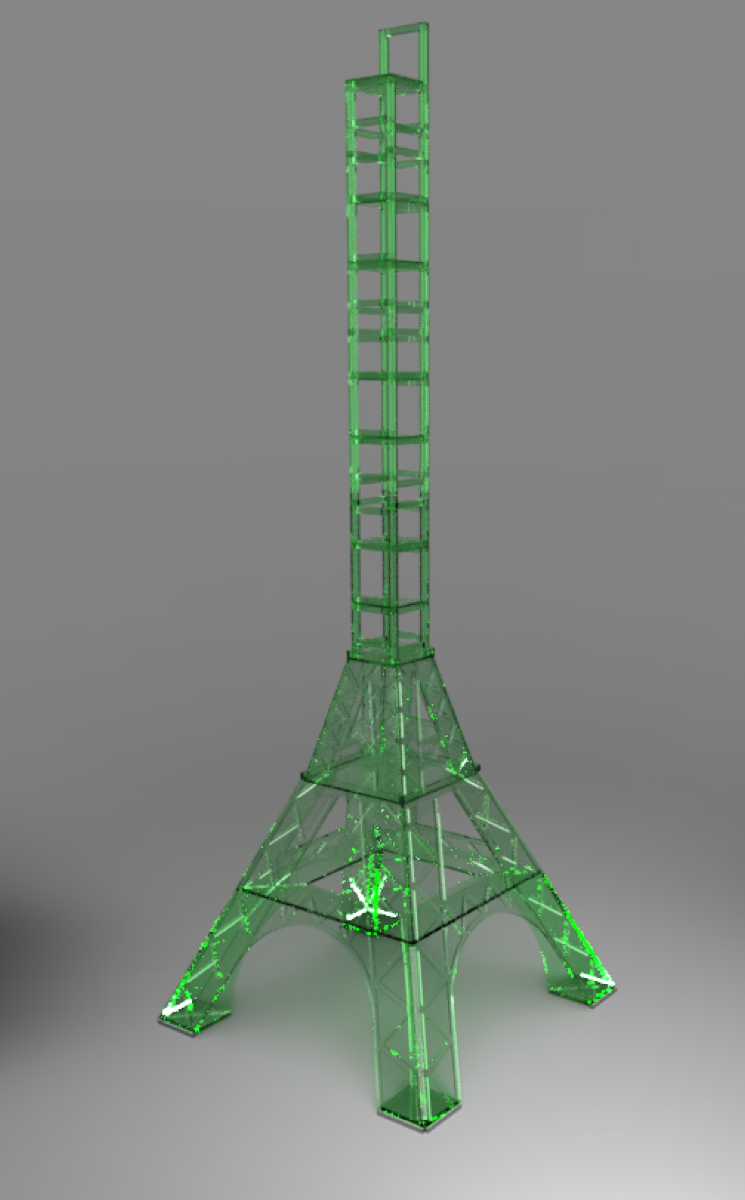 Rendering der Eiffelturm-Skulptur aus grün transparentem Acryl
